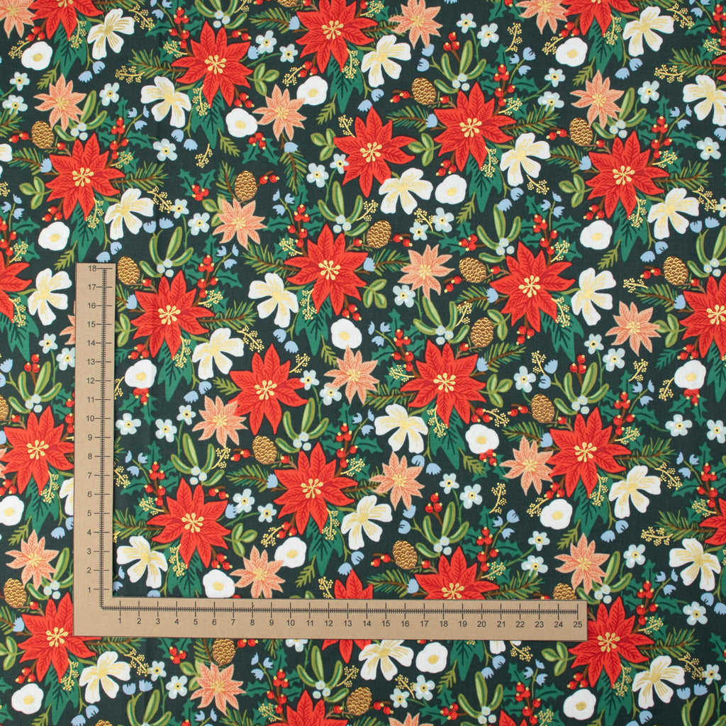 Cotton and Steel - Holiday Classics II - Poinsettia Bouquet - Evergreen Metallic Fabric - Rifle Paper Co.