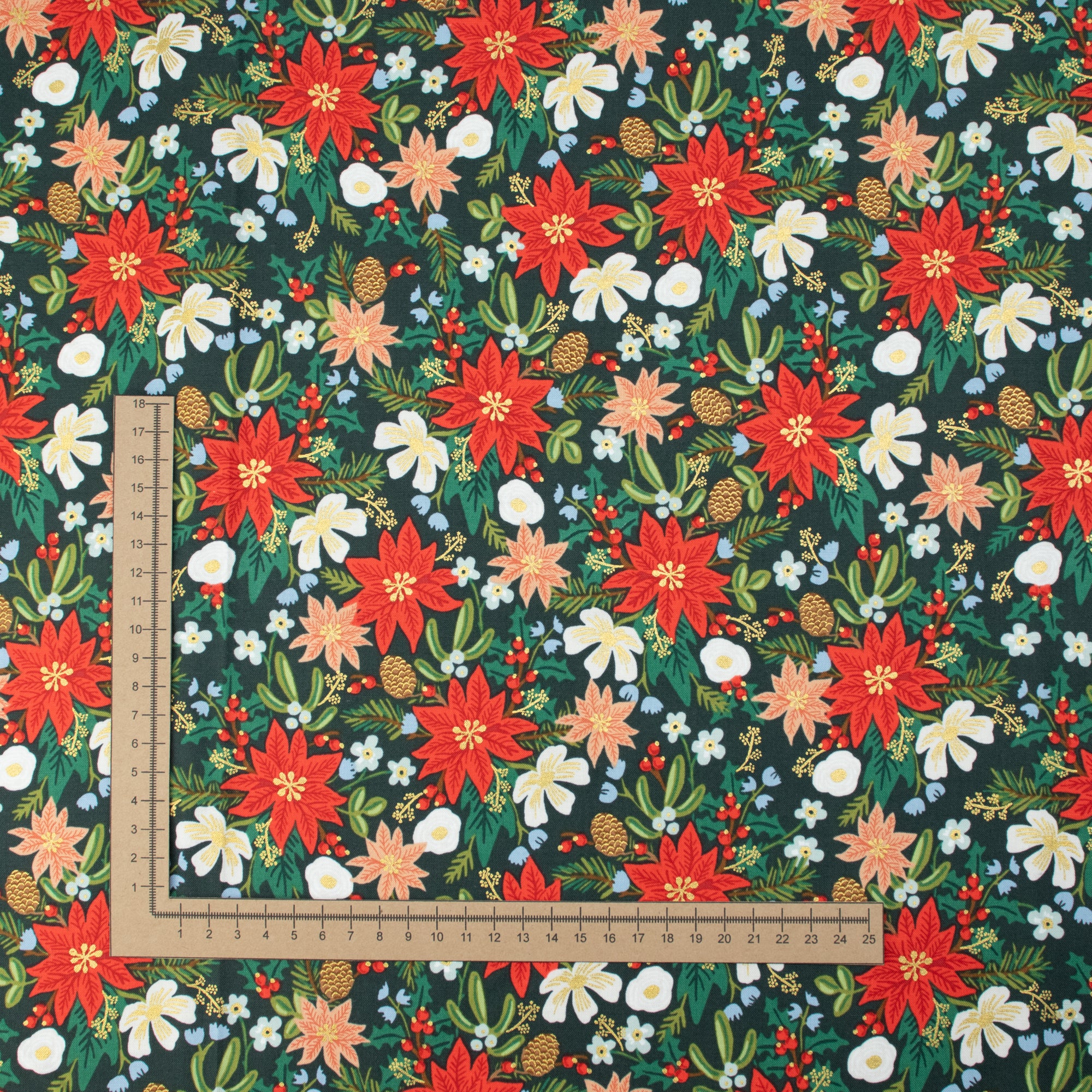 Cotton and Steel - Holiday Classics II - Poinsettia Bouquet - Evergreen Metallic Fabric - Rifle Paper Co.