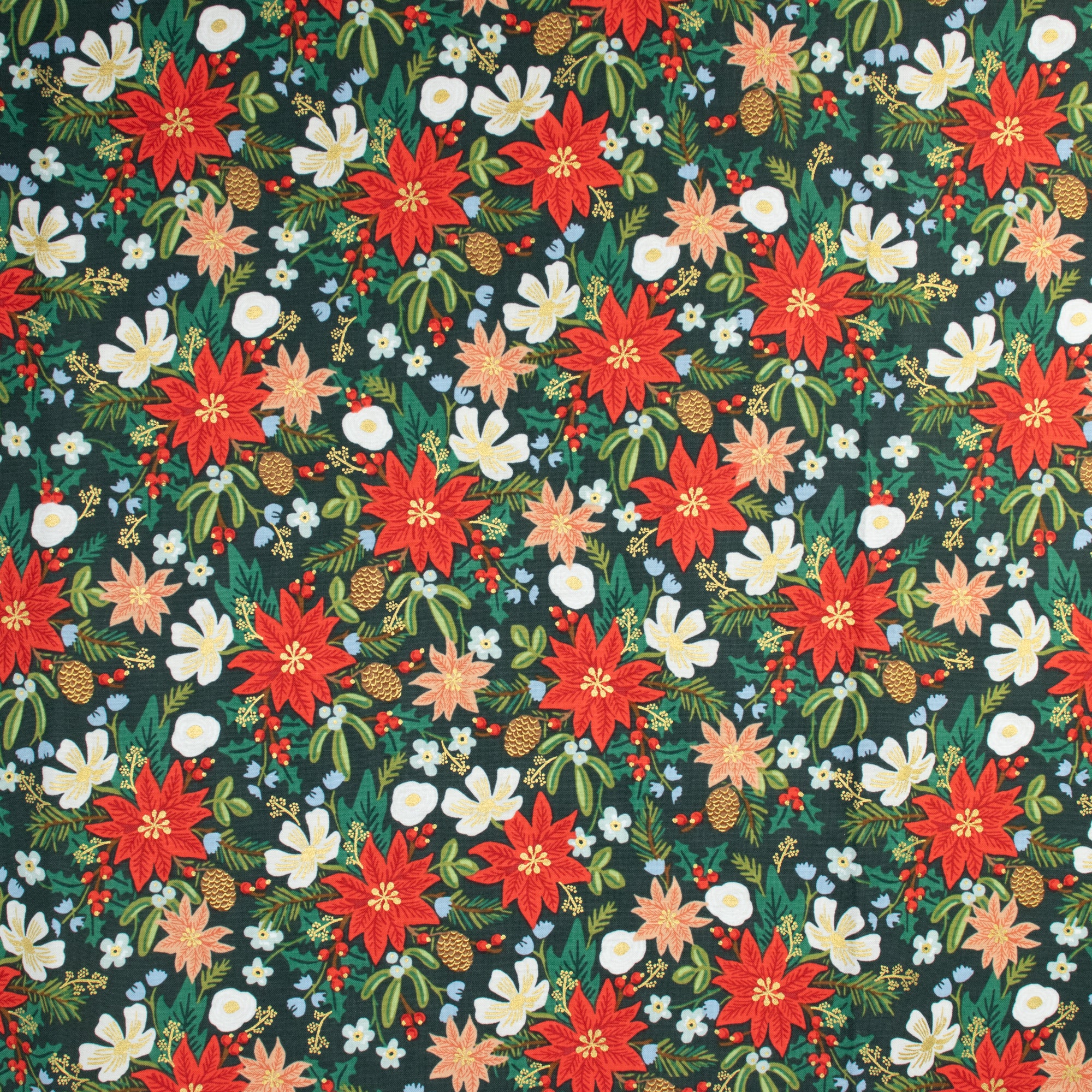 Cotton and Steel - Holiday Classics II - Poinsettia Bouquet - Evergreen Metallic Fabric - Rifle Paper Co.