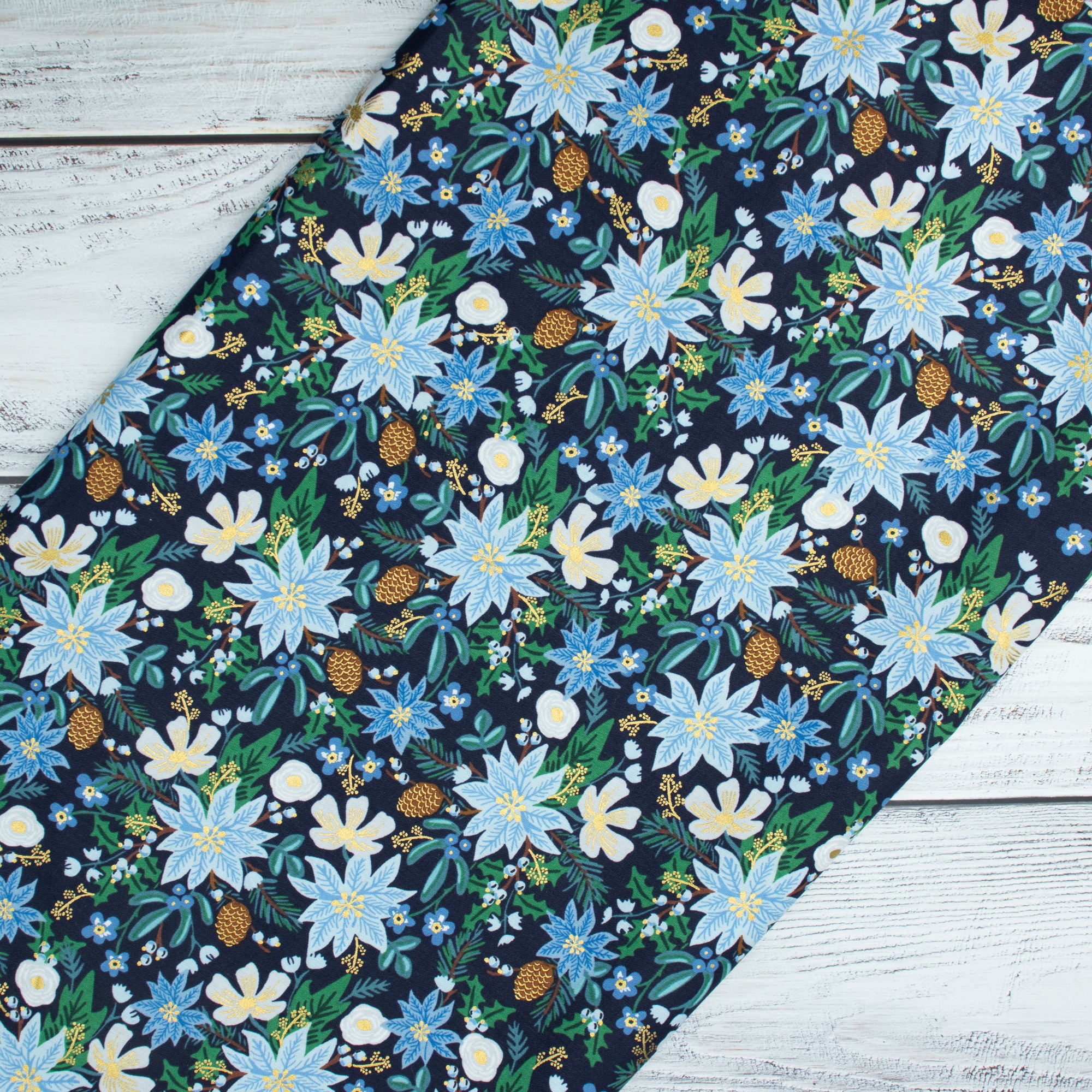 Cotton and Steel - Holiday Classics II - Poinsettia Bouquet - Navy Metallic Fabric - Rifle Paper Co.