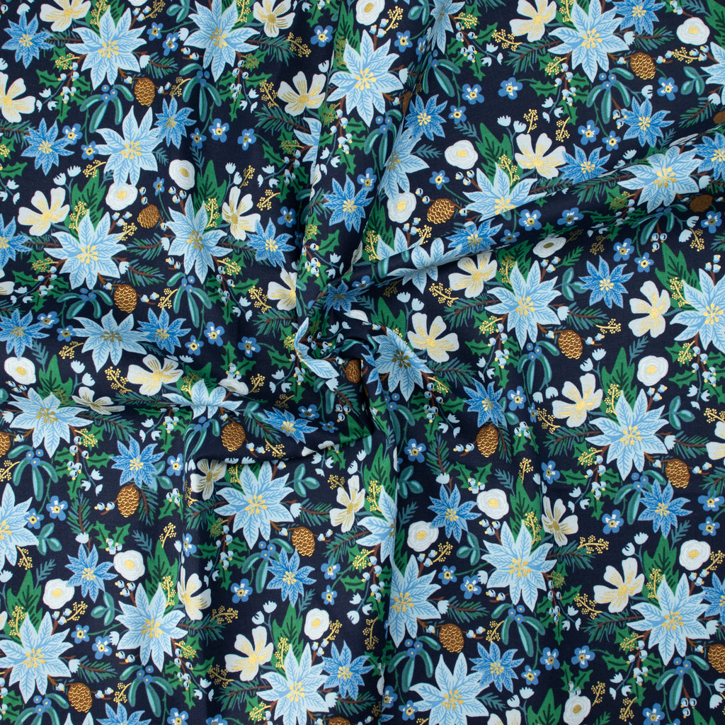 Cotton and Steel - Holiday Classics II - Poinsettia Bouquet - Navy Metallic Fabric - Rifle Paper Co.
