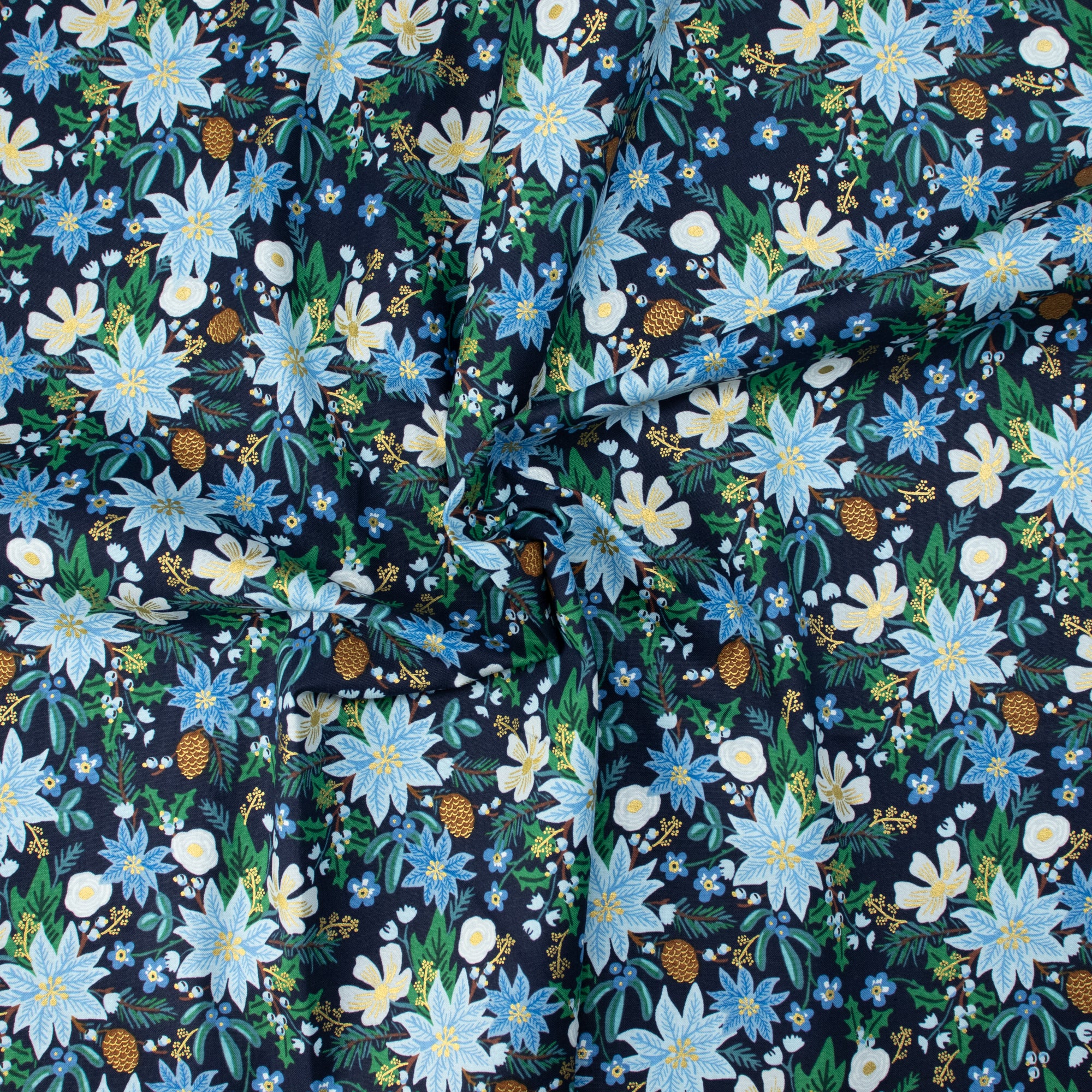 Cotton and Steel - Holiday Classics II - Poinsettia Bouquet - Navy Metallic Fabric - Rifle Paper Co.