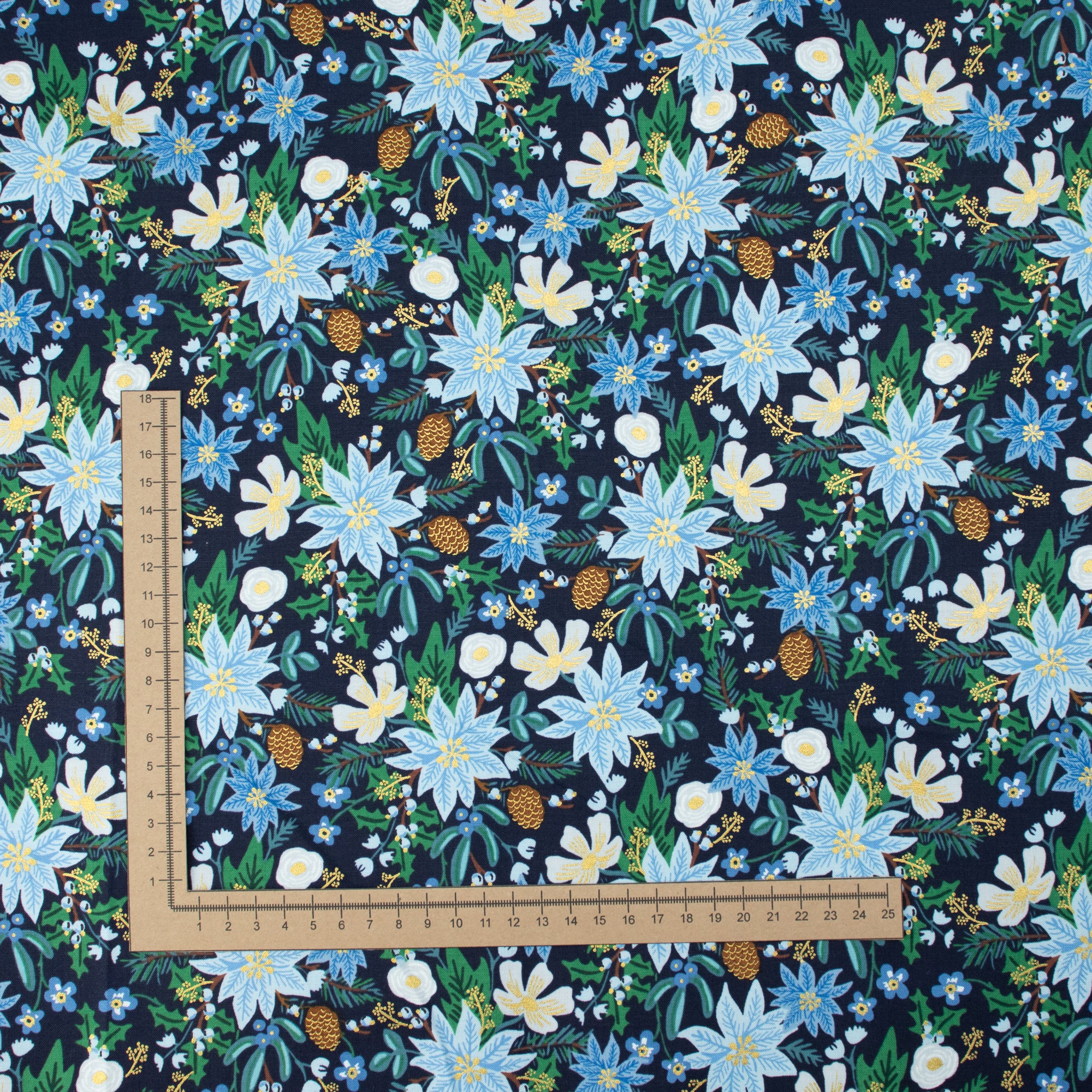 Cotton and Steel - Holiday Classics II - Poinsettia Bouquet - Navy Metallic Fabric - Rifle Paper Co.